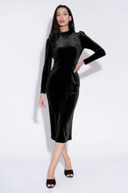 Mori Velvet Neck Cut Out Midi Dress in Black