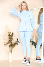 Long Ruched Sleeves Ribbed Peplum Diamond Buttons Frilled Hem Lounge Wear Co-Ord Set