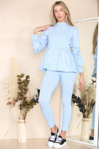 Long Ruched Sleeves Ribbed Peplum Diamond Buttons Frilled Hem Lounge Wear Co-Ord Set