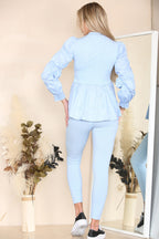Long Ruched Sleeves Ribbed Peplum Diamond Buttons Frilled Hem Lounge Wear Co-Ord Set