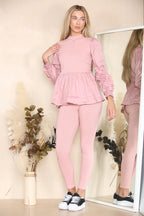 Long Ruched Sleeves Ribbed Peplum Diamond Buttons Frilled Hem Lounge Wear Co-Ord Set