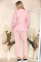 Long Ruched Sleeves Ribbed Peplum Diamond Buttons Frilled Hem Lounge Wear Co-Ord Set