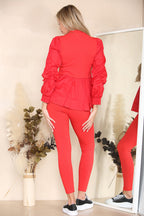 Long Ruched Sleeves Ribbed Peplum Diamond Buttons Frilled Hem Lounge Wear Co-Ord Set