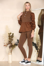 Long Ruched Sleeves Ribbed Peplum Diamond Buttons Frilled Hem Lounge Wear Co-Ord Set