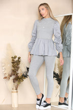 Long Ruched Sleeves Ribbed Peplum Diamond Buttons Frilled Hem Lounge Wear Co-Ord Set