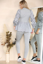 Long Ruched Sleeves Ribbed Peplum Diamond Buttons Frilled Hem Lounge Wear Co-Ord Set