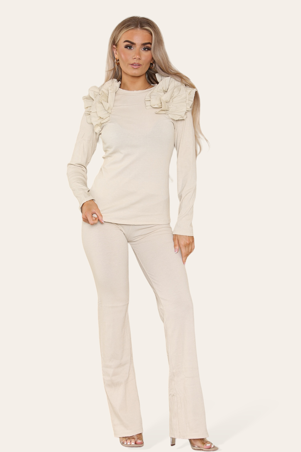 Ruffle Frill Shoulder Ribbed Loungewear Co-Ord Top & Trouser Set