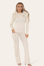 Ruffle Frill Shoulder Ribbed Loungewear Co-Ord Top & Trouser Set