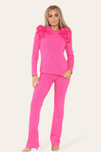 Ruffle Frill Shoulder Ribbed Loungewear Co-Ord Top & Trouser Set