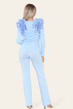 Ruffle Frill Shoulder Ribbed Loungewear Co-Ord Top & Trouser Set