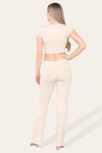 Tie Belt Front Cropped Loungewear Ribbed Trousers Set