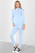 Side Buttons Frill Shoulder Side Neck Gold Button Detail Two Piece Loungewear Set