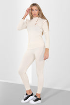Side Buttons Frill Shoulder Side Neck Gold Button Detail Two Piece Loungewear Set