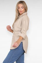 PU Faux Leather Belted Wet Look Shirt Dress