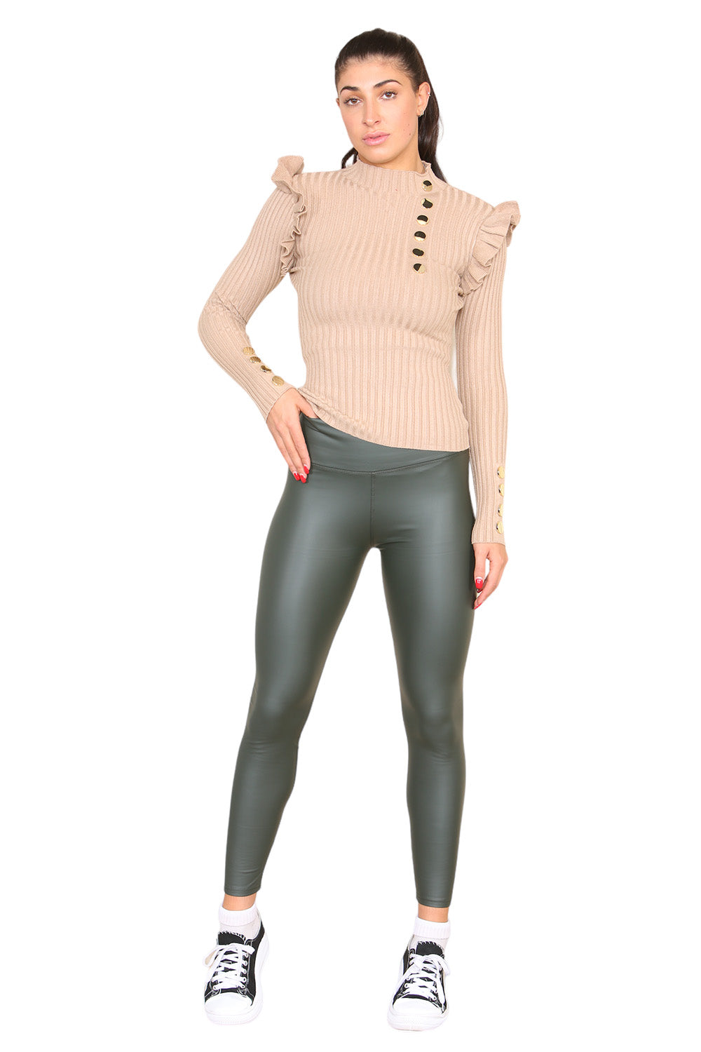Ribbed Knit Gold Button Detail Jumper with Frill