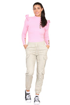 Ribbed Knit Gold Button Detail Jumper with Frill