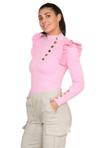 Ribbed Knit Gold Button Detail Jumper with Frill