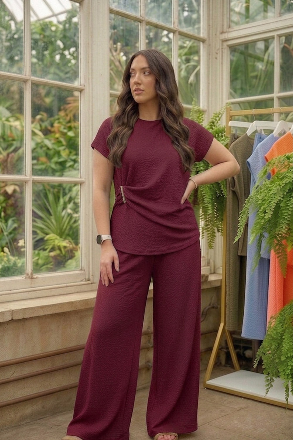 Ladies Gold Clasp Side Ruched Buckle detail Top and Wide Leg Trousers Cheesecloth Lightweight Summer Co-Ord