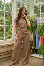 Ladies Gold Clasp Side Ruched Buckle detail Top and Wide Leg Trousers Cheesecloth Lightweight Summer Co-Ord