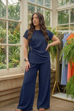 Ladies Gold Clasp Side Ruched Buckle detail Top and Wide Leg Trousers Cheesecloth Lightweight Summer Co-Ord