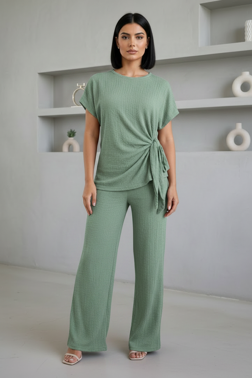 Ladies Womens Popcorn Short Sleeve Tie Side Knot Co-Ord 2Pcs Set