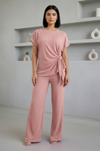 Ladies Womens Popcorn Short Sleeve Tie Side Knot Co-Ord 2Pcs Set