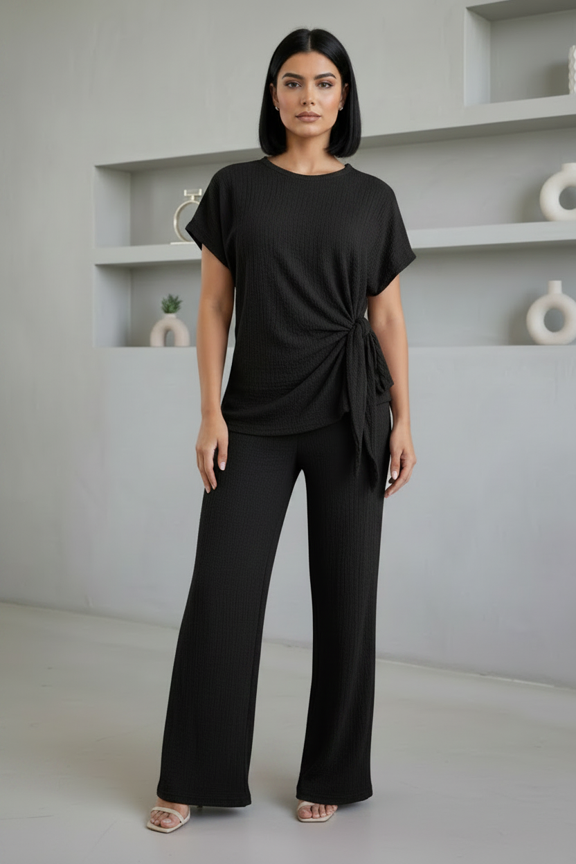 Ladies Womens Popcorn Short Sleeve Tie Side Knot Co-Ord 2Pcs Set