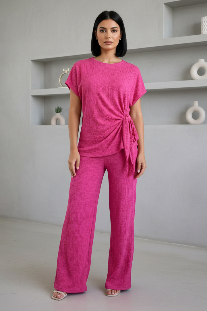 Ladies Womens Popcorn Short Sleeve Tie Side Knot Co-Ord 2Pcs Set
