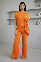 Ladies Womens Popcorn Short Sleeve Tie Side Knot Co-Ord 2Pcs Set