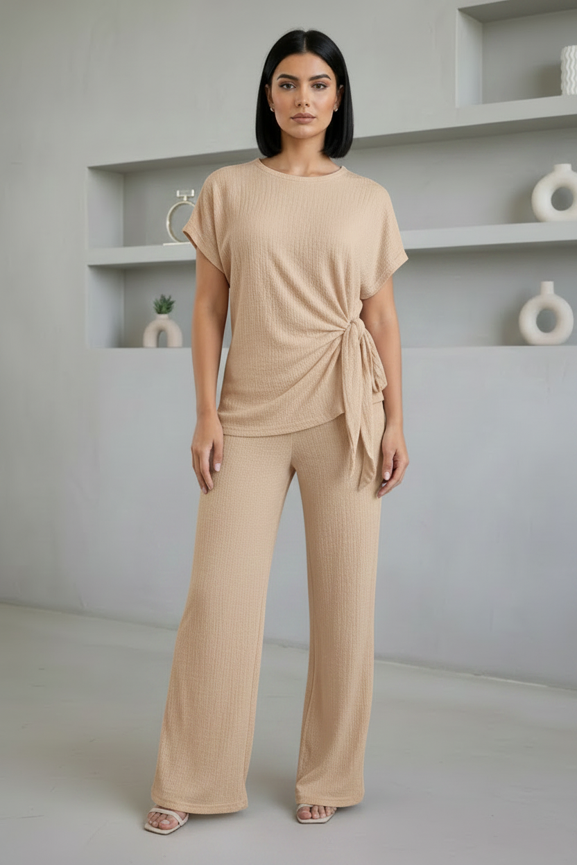 Ladies Womens Popcorn Short Sleeve Tie Side Knot Co-Ord 2Pcs Set