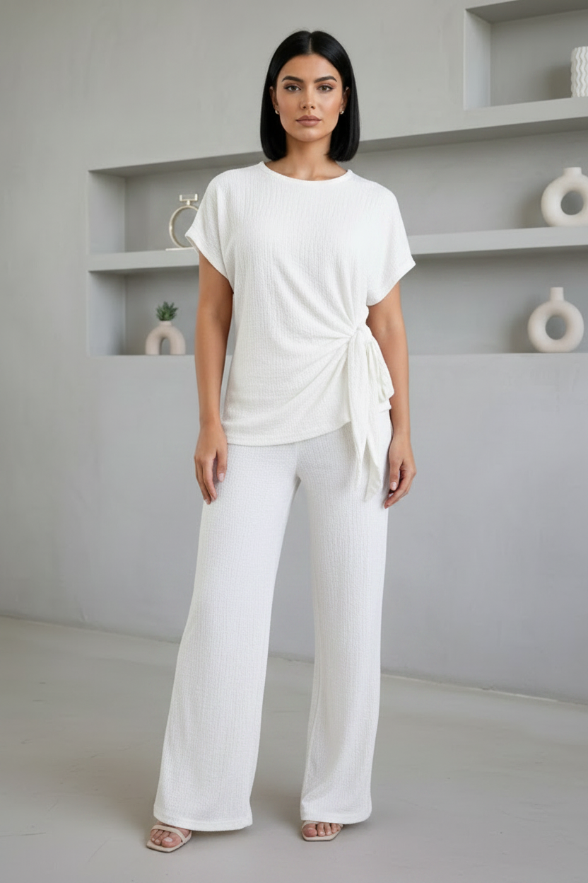 Ladies Womens Popcorn Short Sleeve Tie Side Knot Co-Ord 2Pcs Set
