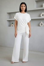 Ladies Womens Popcorn Short Sleeve Tie Side Knot Co-Ord 2Pcs Set