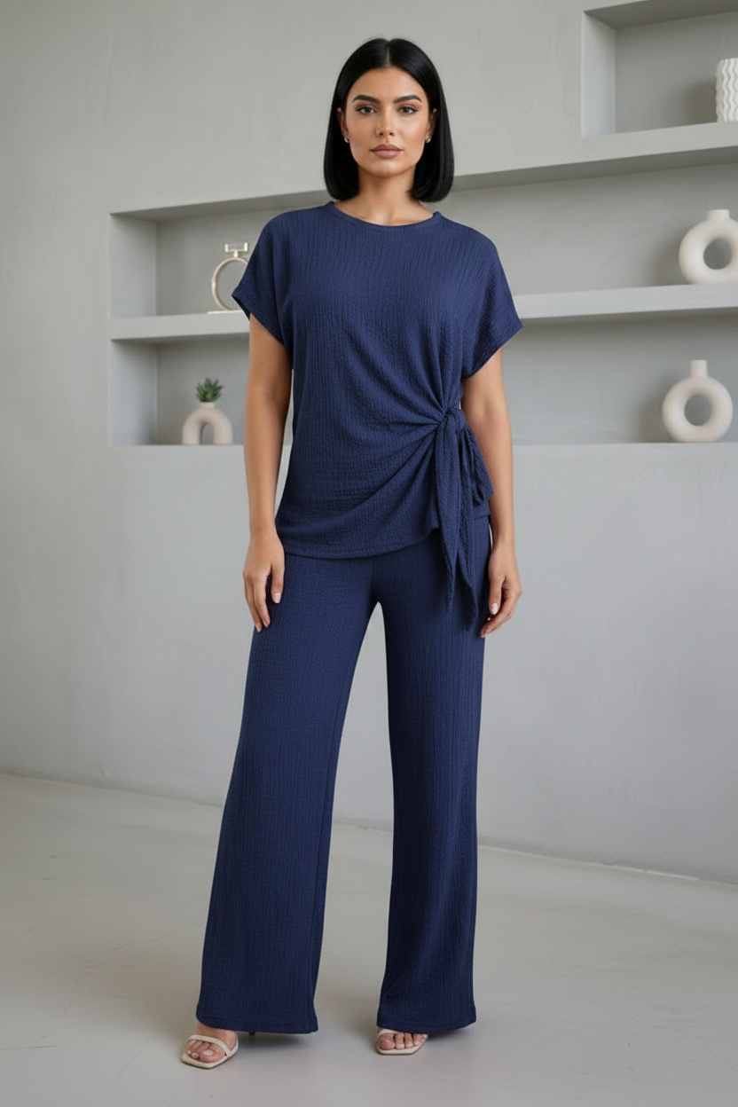 Ladies Womens Popcorn Short Sleeve Tie Side Knot Co-Ord 2Pcs Set