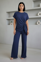 Ladies Womens Popcorn Short Sleeve Tie Side Knot Co-Ord 2Pcs Set