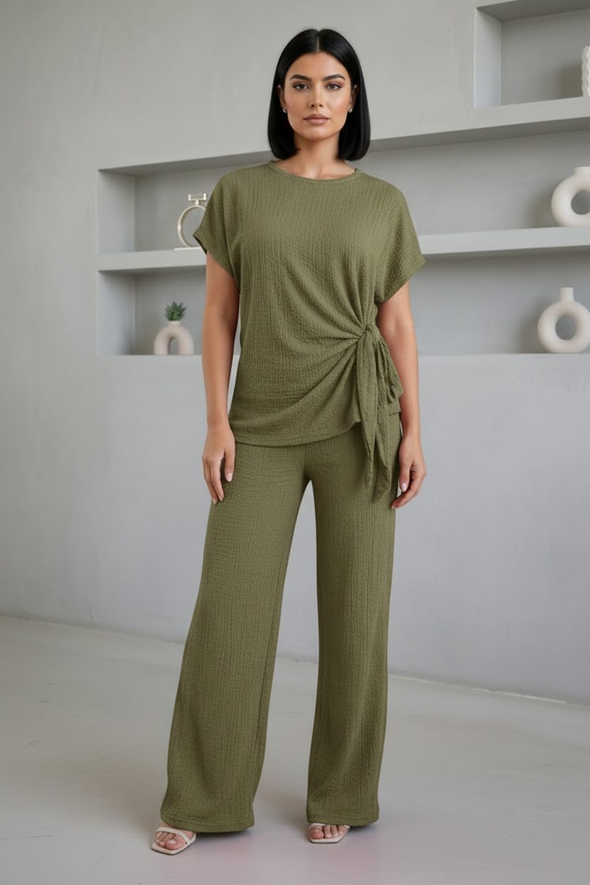 Ladies Womens Popcorn Short Sleeve Tie Side Knot Co-Ord 2Pcs Set