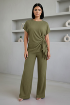 Ladies Womens Popcorn Short Sleeve Tie Side Knot Co-Ord 2Pcs Set
