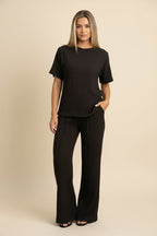 Womens Popcorn Side Ruched Gathered Side Top Ladies Wide Flare Leg Palazzo Tracksuit Lounge Wear Co Ord Set