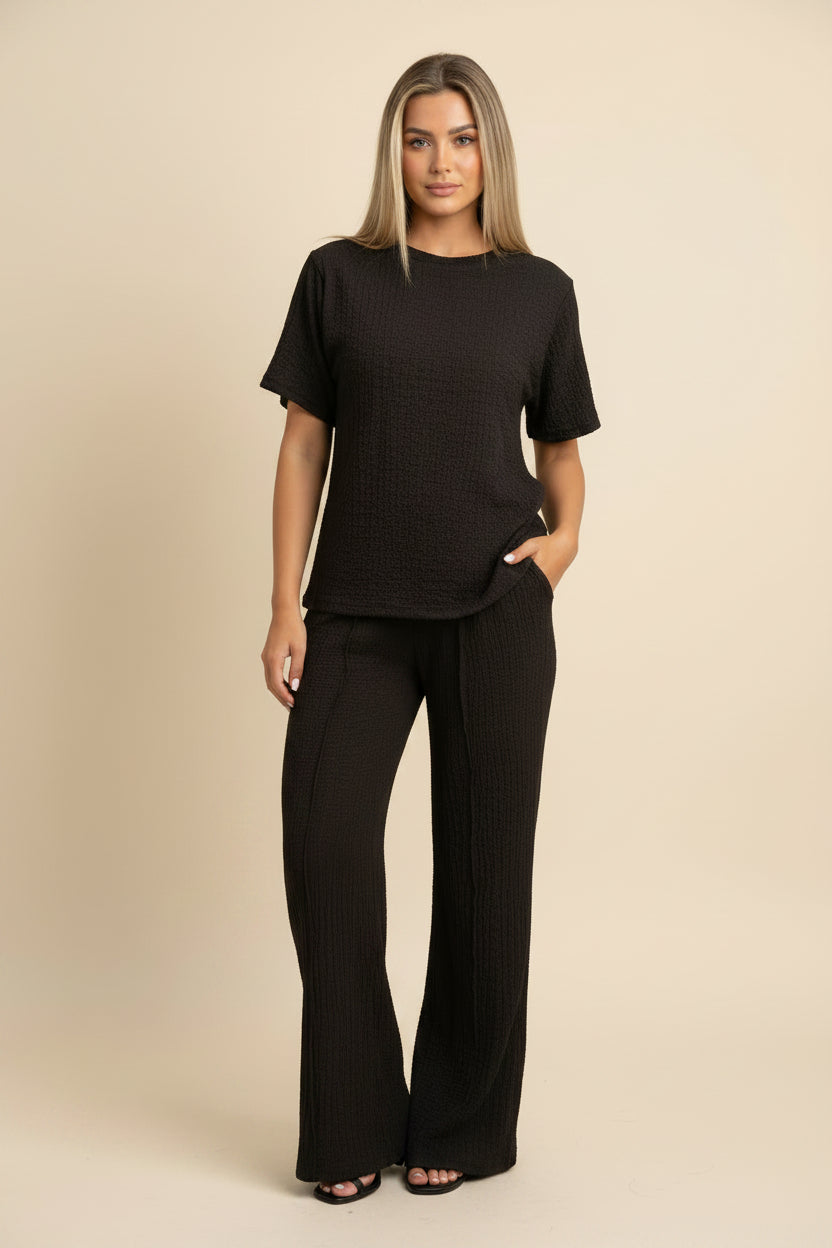 Womens Popcorn Side Ruched Gathered Side Top Ladies Wide Flare Leg Palazzo Tracksuit Lounge Wear Co Ord Set