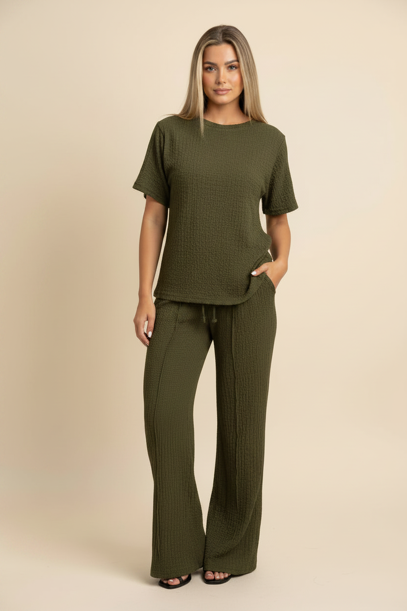 Womens Popcorn Side Ruched Gathered Side Top Ladies Wide Flare Leg Palazzo Tracksuit Lounge Wear Co Ord Set