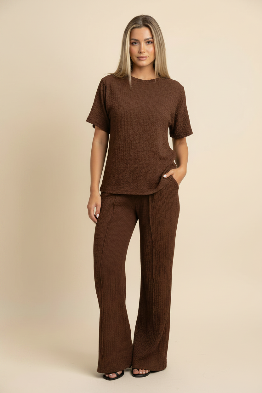 Womens Popcorn Side Ruched Gathered Side Top Ladies Wide Flare Leg Palazzo Tracksuit Lounge Wear Co Ord Set