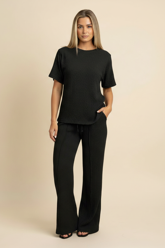 Womens Popcorn Side Ruched Gathered Side Top Ladies Wide Flare Leg Palazzo Tracksuit Lounge Wear Co Ord Set