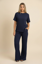 Womens Popcorn Side Ruched Gathered Side Top Ladies Wide Flare Leg Palazzo Tracksuit Lounge Wear Co Ord Set