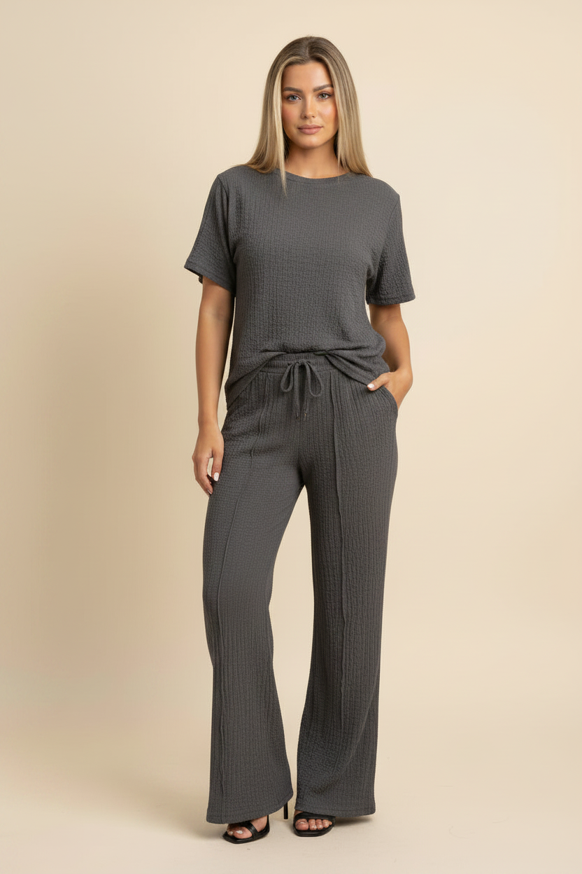 Womens Popcorn Side Ruched Gathered Side Top Ladies Wide Flare Leg Palazzo Tracksuit Lounge Wear Co Ord Set