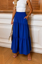 Womens Ladies High Waisted Sheering Pockets Maxi Skirt