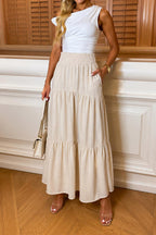 Womens Ladies High Waisted Sheering Pockets Maxi Skirt