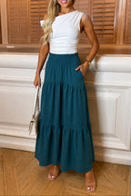 Womens Ladies High Waisted Sheering Pockets Maxi Skirt