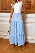 Womens Ladies High Waisted Sheering Pockets Maxi Skirt