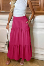 Womens Ladies High Waisted Sheering Pockets Maxi Skirt