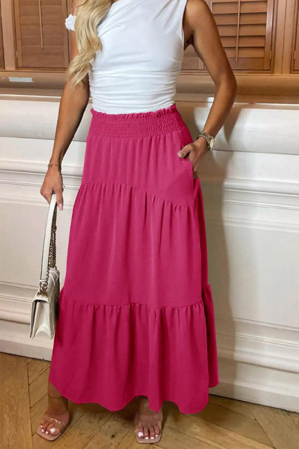 Womens Ladies High Waisted Sheering Pockets Maxi Skirt