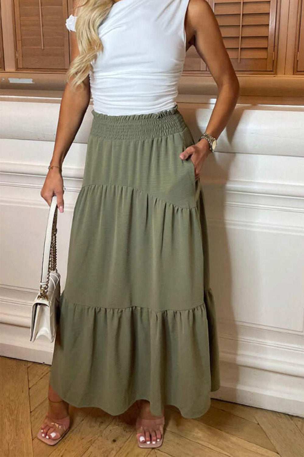 Womens Ladies High Waisted Sheering Pockets Maxi Skirt